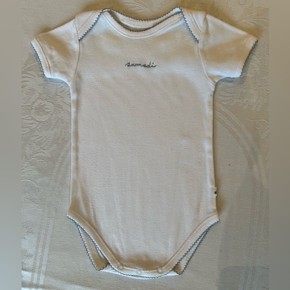 Bonpoint White Baby One-Piece with Light Blue Trim